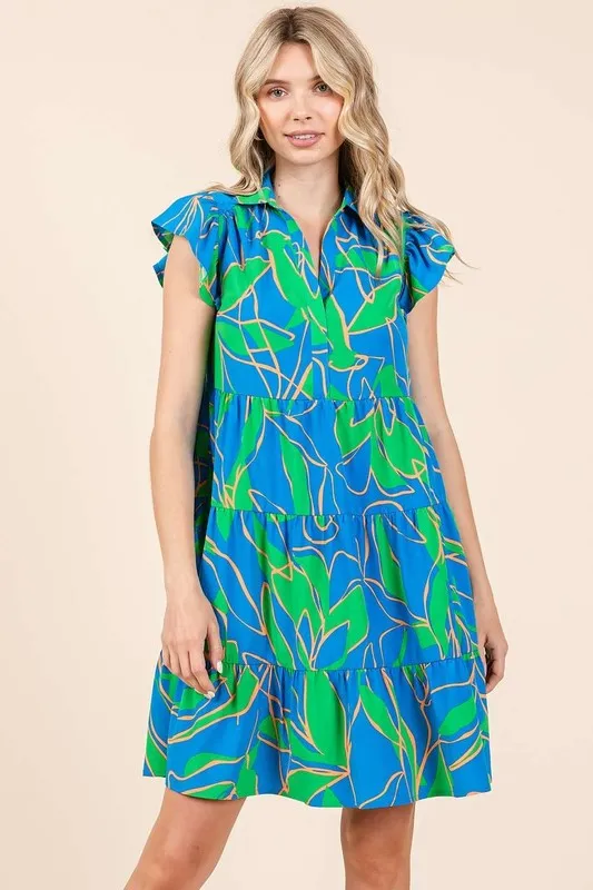 Leaf Print Ruffle Sleeve Tiered Mini Dress, image 4
