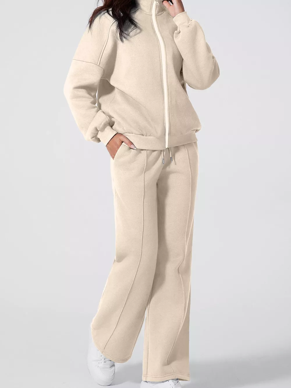 Drop Shoulder Zip Up Jacket and Drawstring Pants Active 2pcs Set, image 15