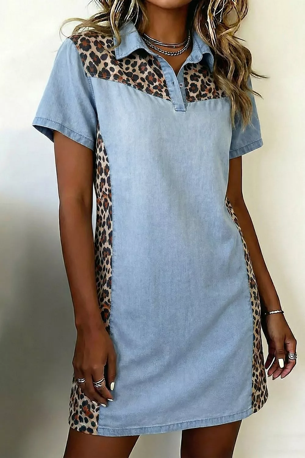 Leopard Print Panel Short Sleeve Dress, image 2
