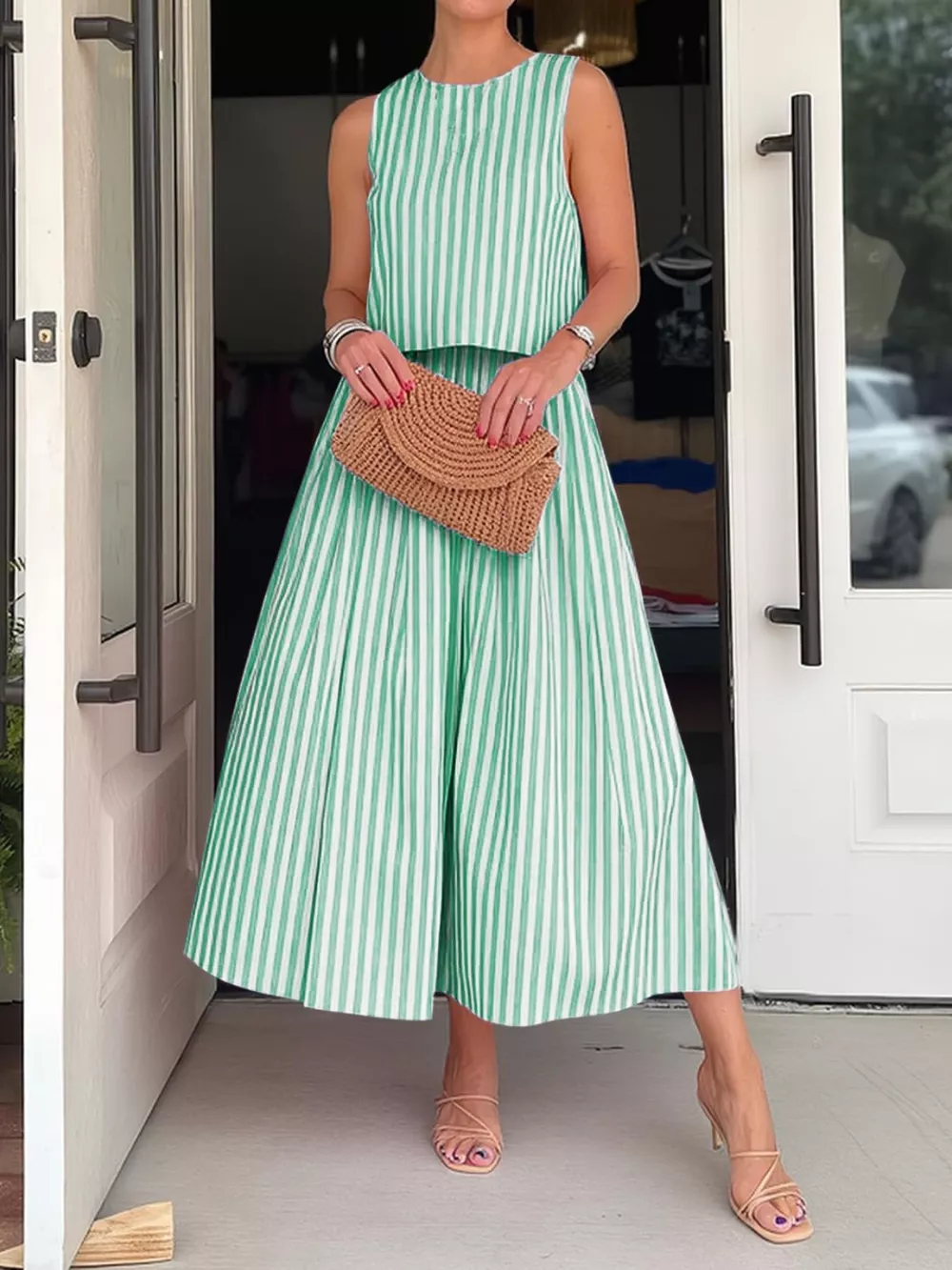Striped Sleeveless Top and Midi Skirt Set, image 8