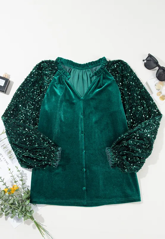 Sequin Notched Long Sleeve Blouse, image 14