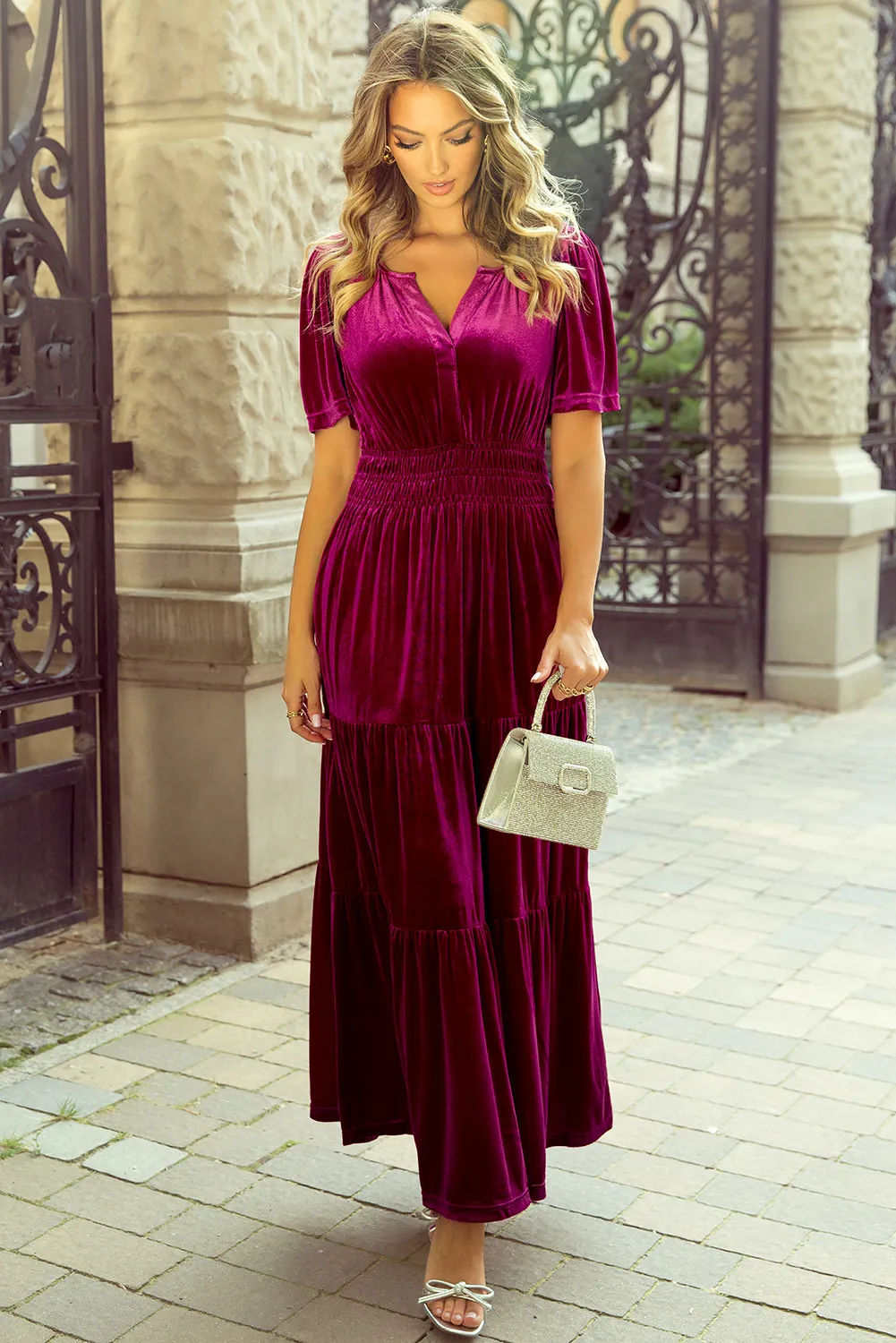 Tiered Notched Short Sleeve Dress with Pockets, image 10