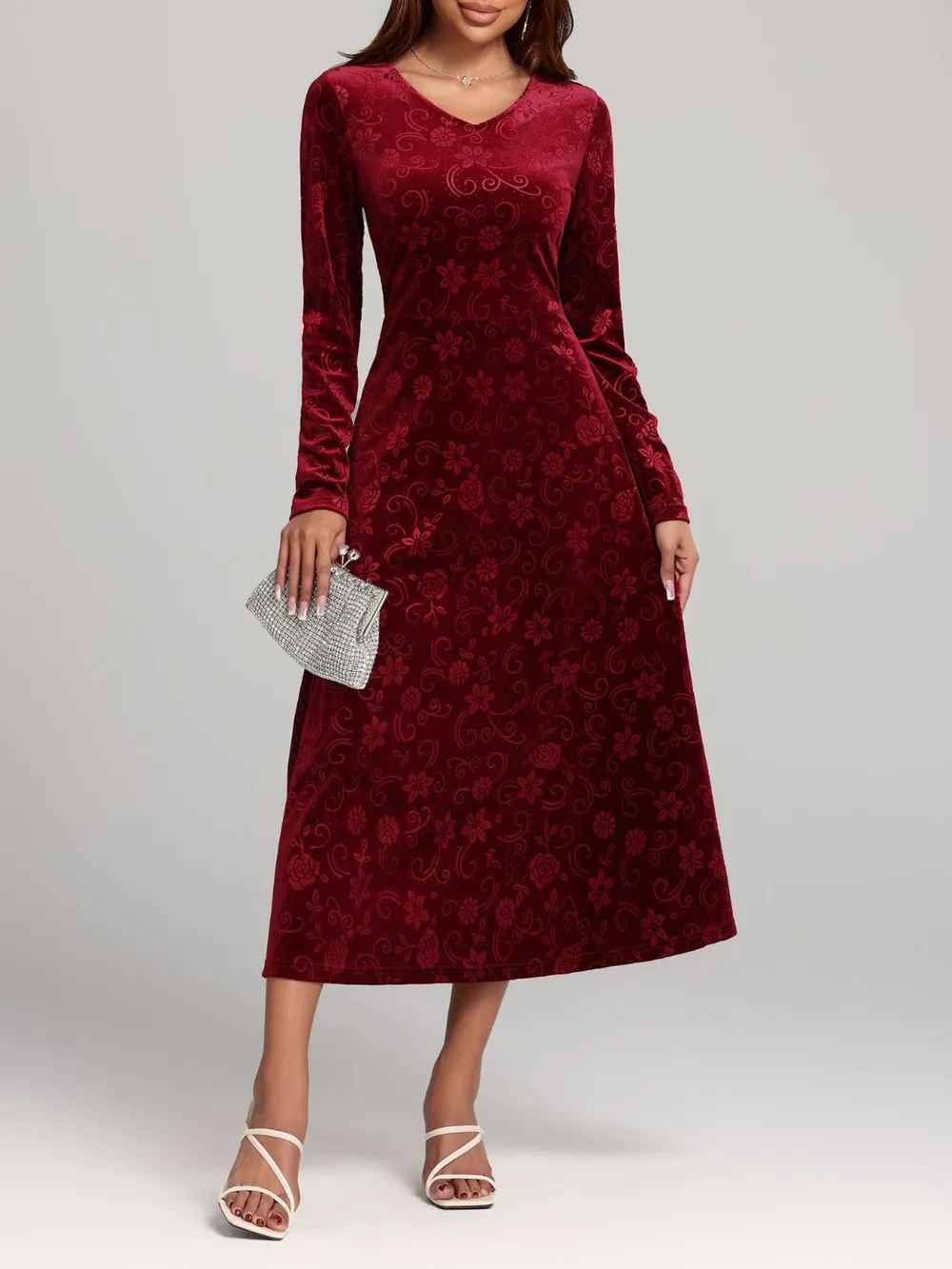 Flower Print V-Neck Long Sleeve Midi Dress, image 5