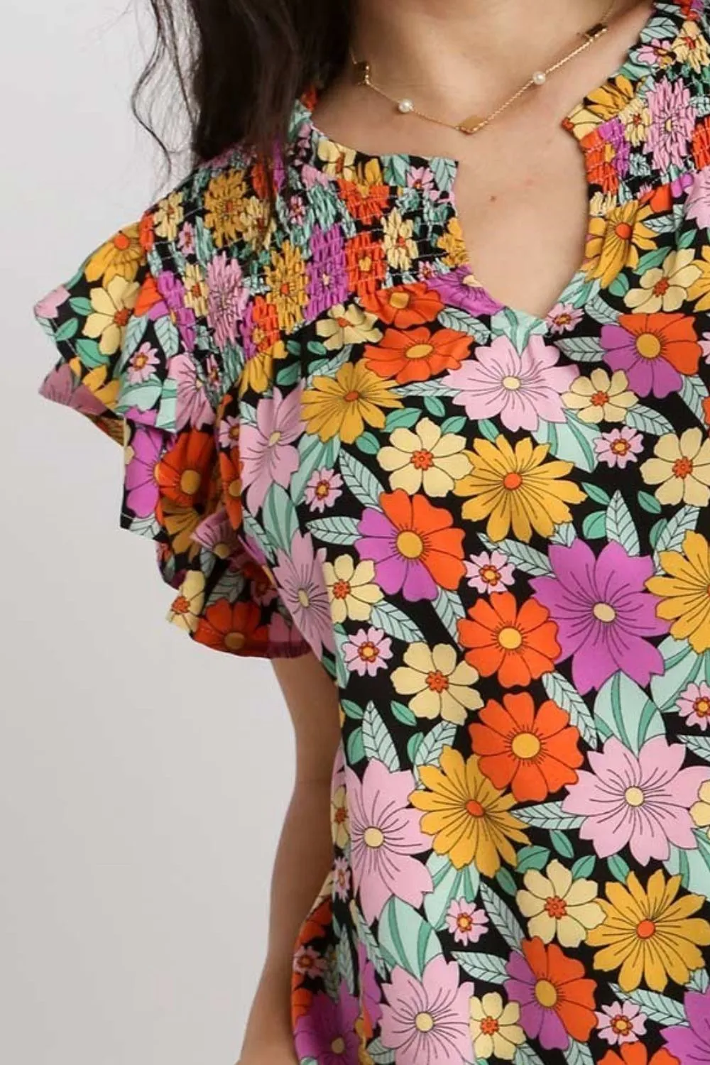 Full Size Floral Printed Smocked Top Plus Size, image 3