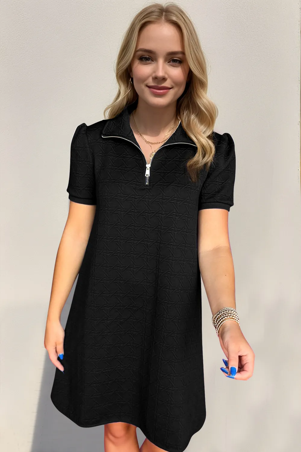 Textured Quarter Zip Short Sleeve Dress, image 2