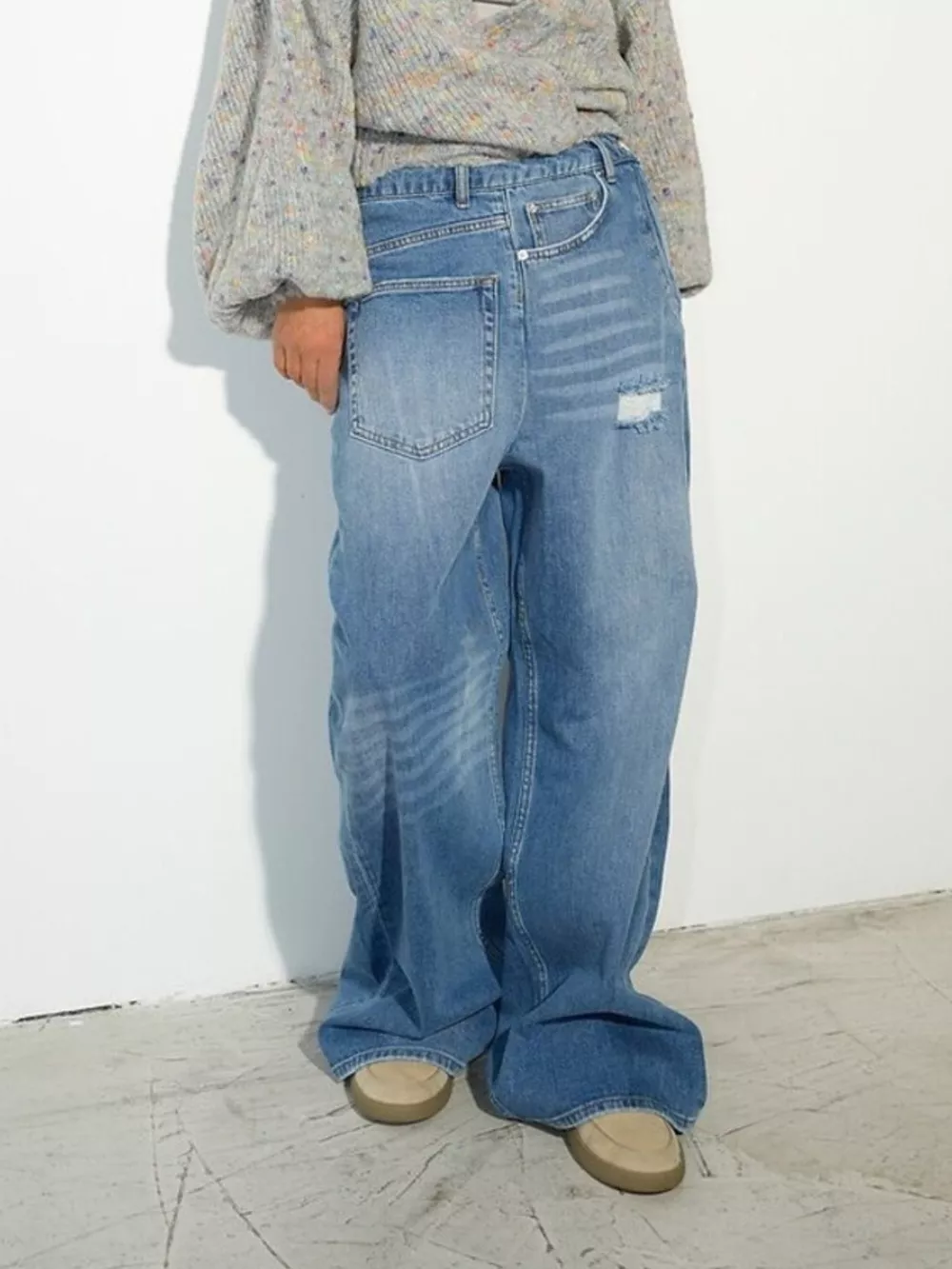 High-Waisted Distressed Wide-Leg Denim Jeans