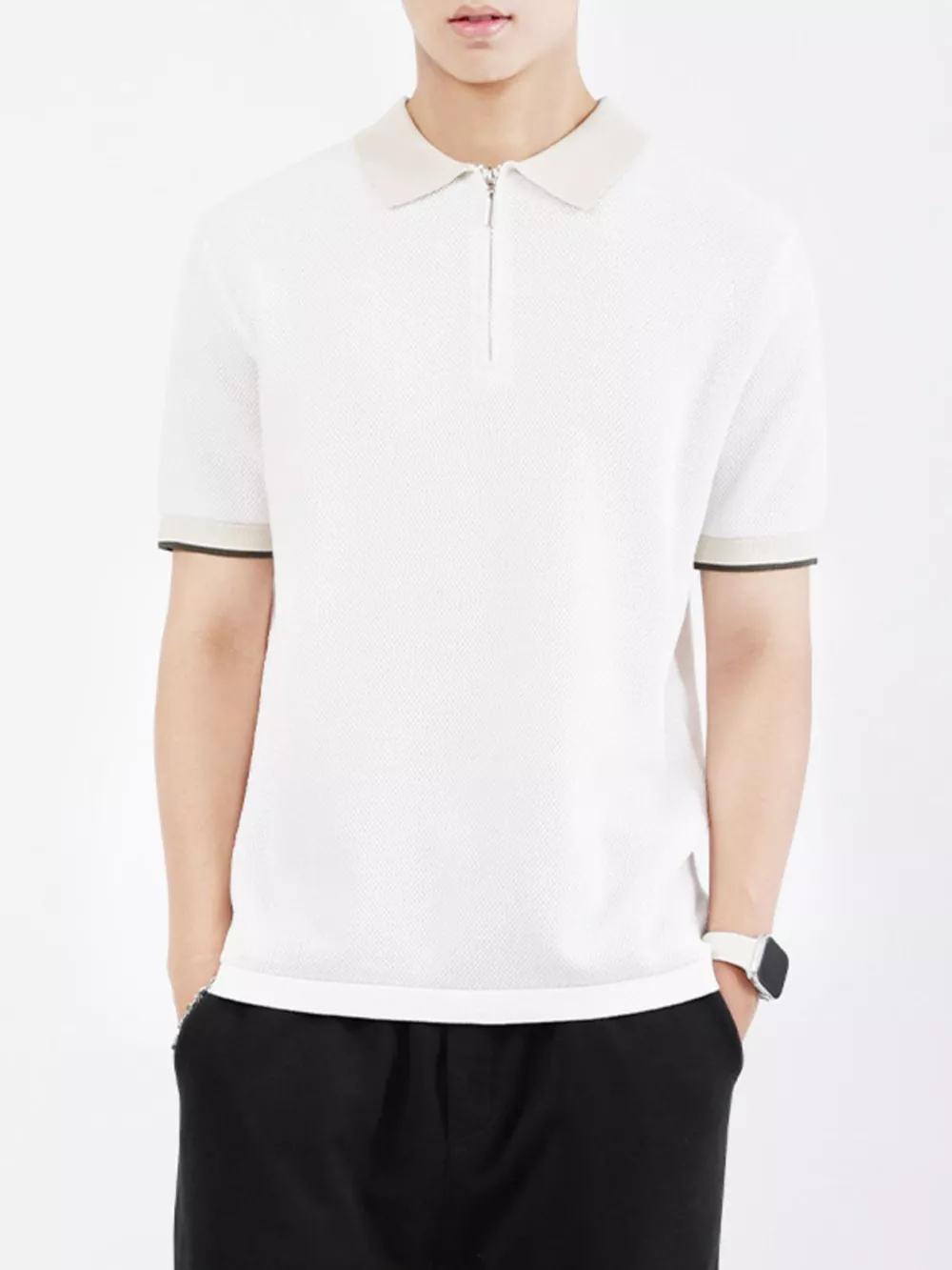 Men's Plus Size Textured Knit Polo with Zipper, image 11