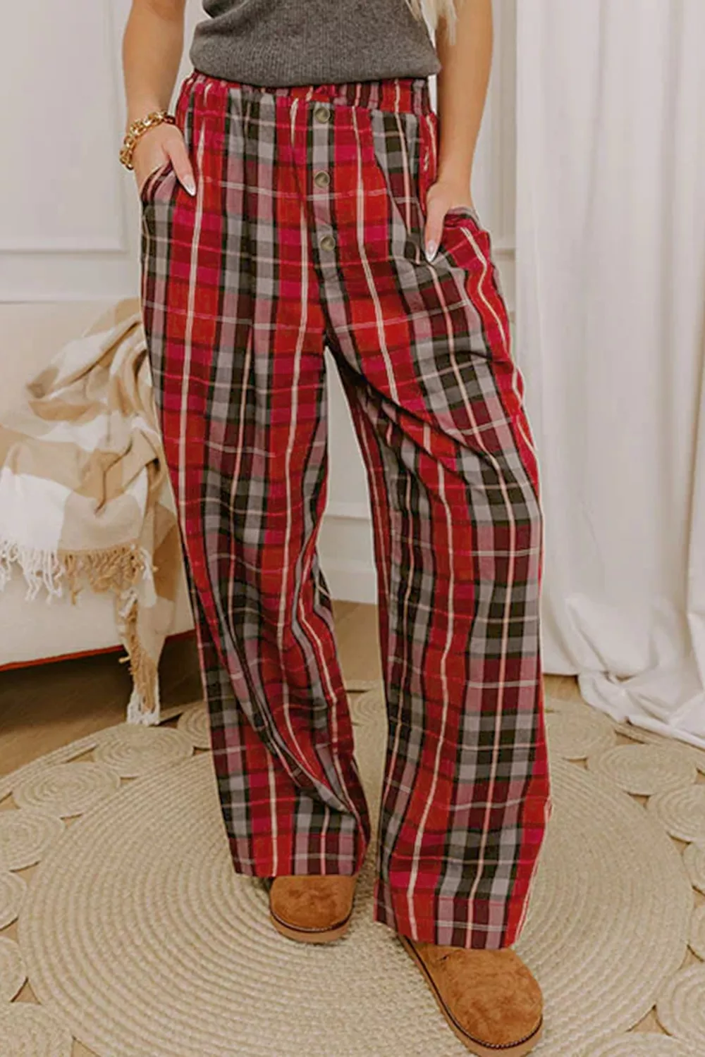 Plaid Elastic Waist Pocket Regular Full-Length Pants, image 3