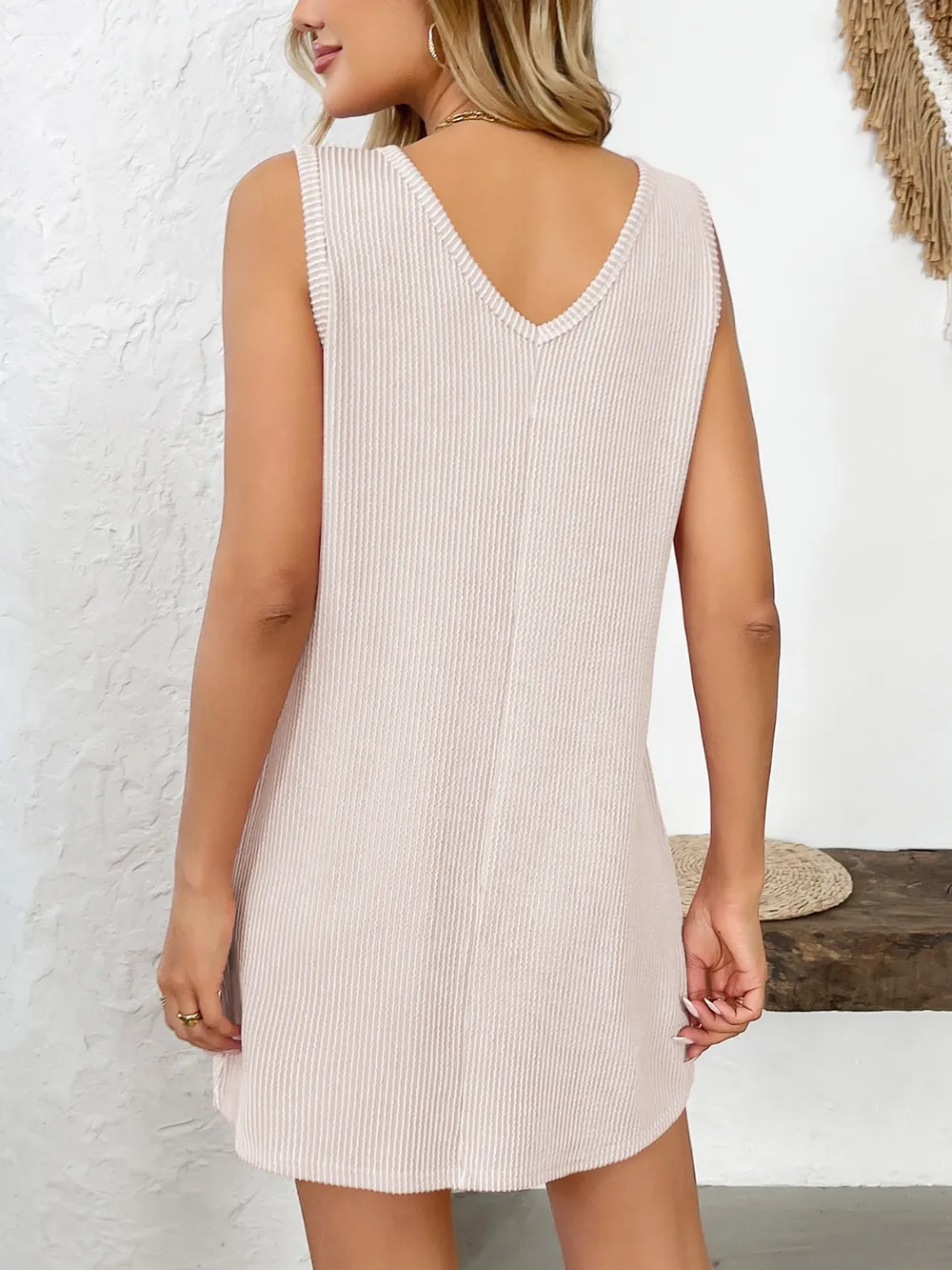 Texture Pocketed V-Neck Tank Dress, image 3