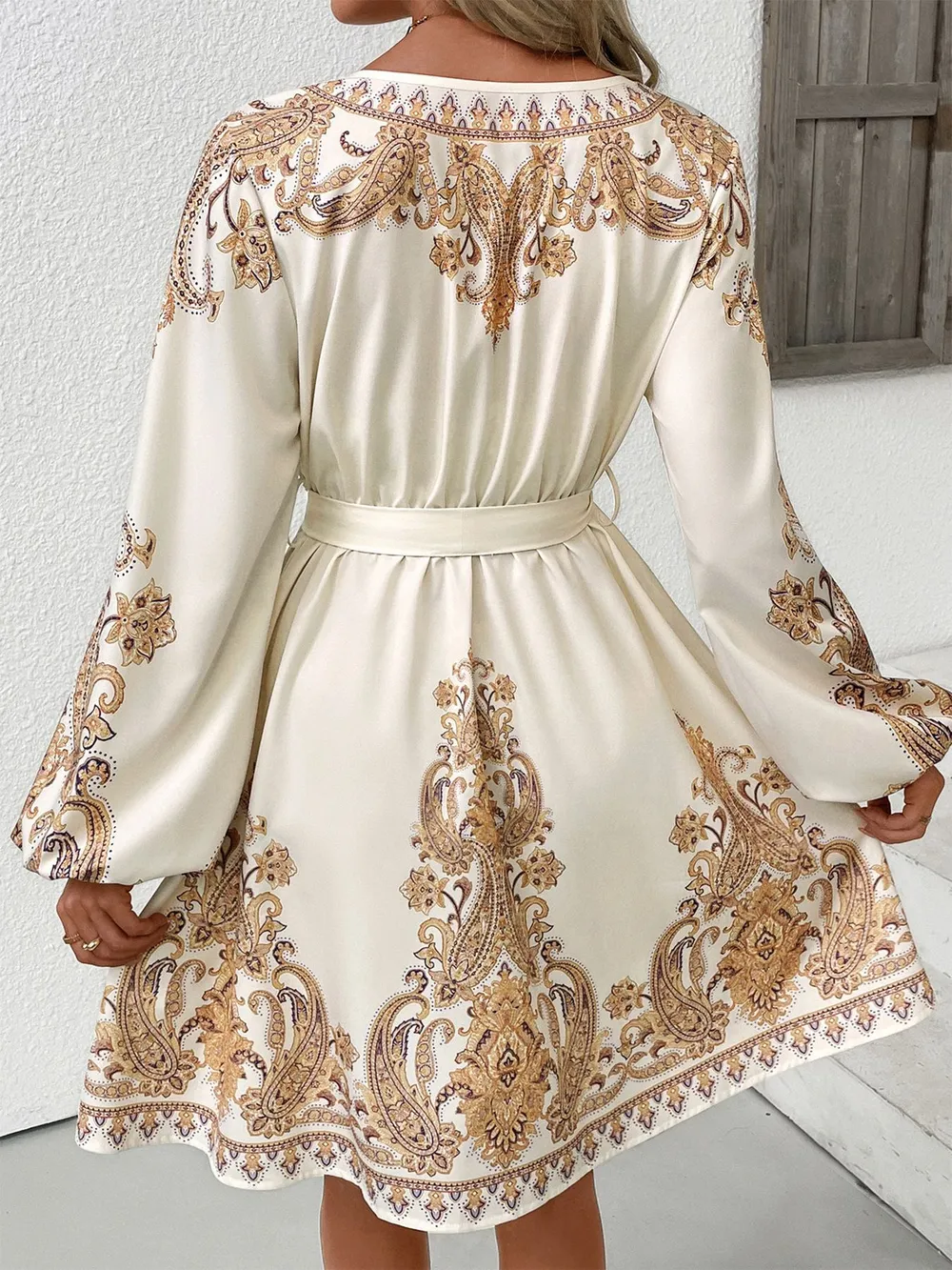 Printed Tie Waist Long Sleeve Dress, image 9
