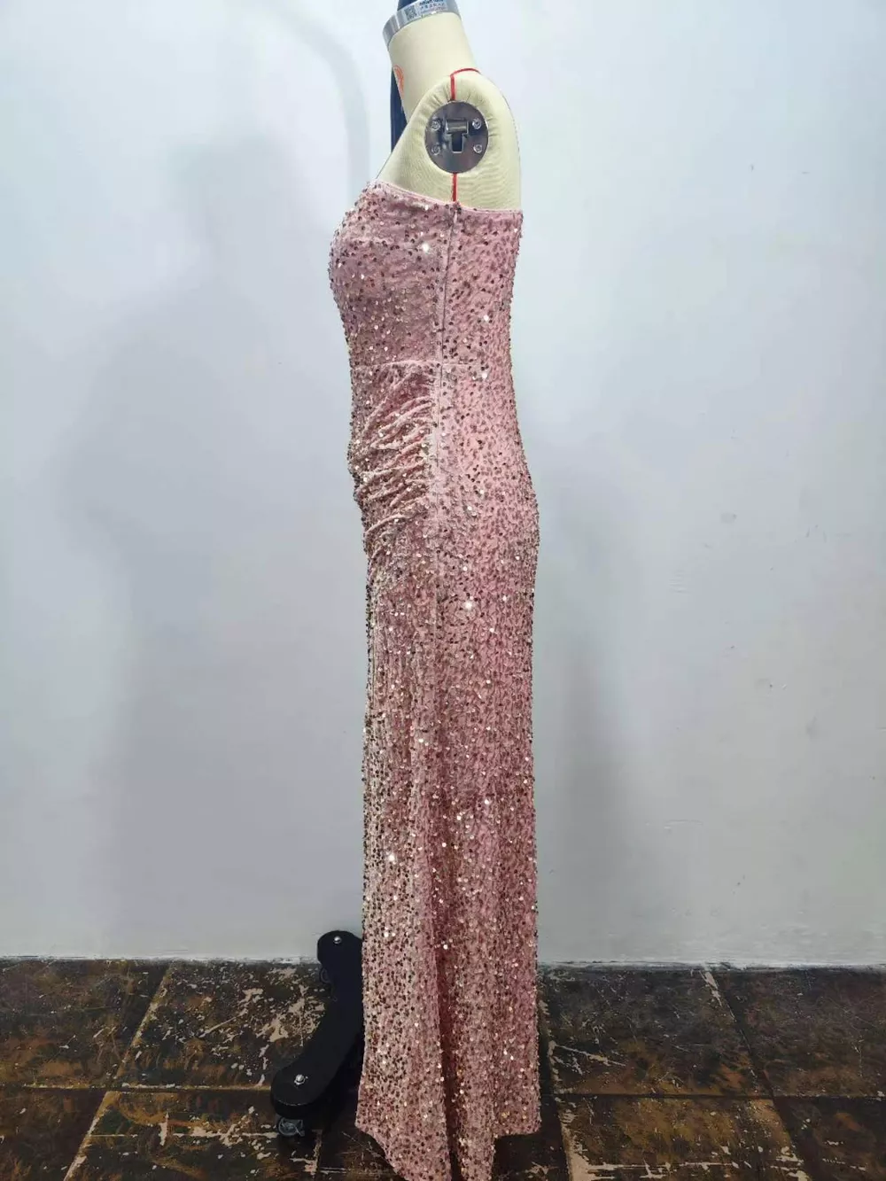 One-Shoulder Ruched Sequin High-Slit Evening Dress, image 13