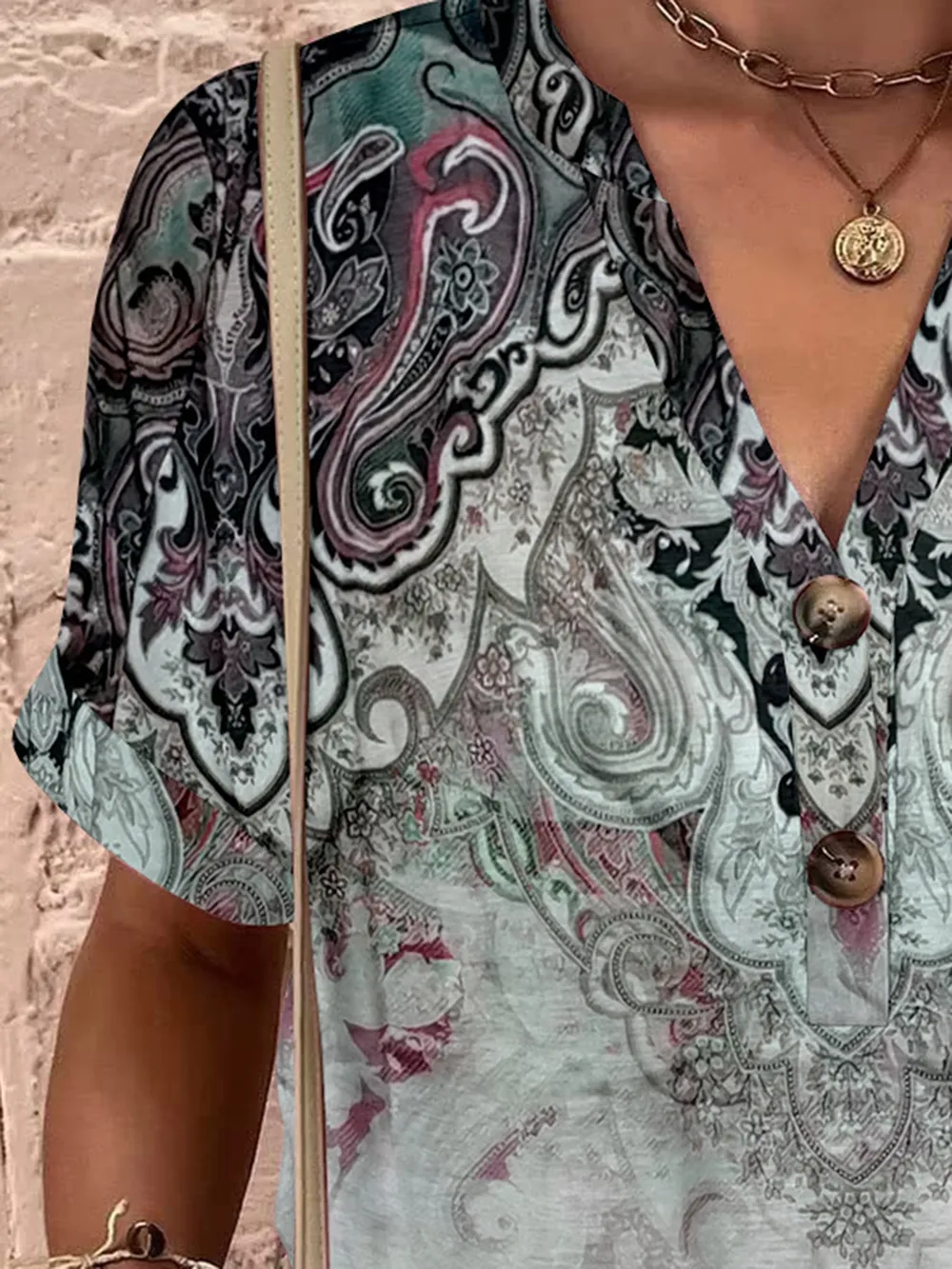 Full Size Printed Notched Short Sleeve Blouse, image 24