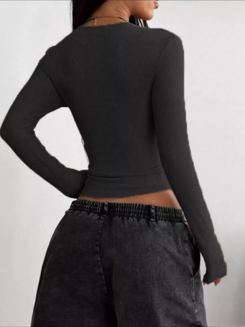 Ribbed Knit Long Sleeve V-Neck Top, image 8