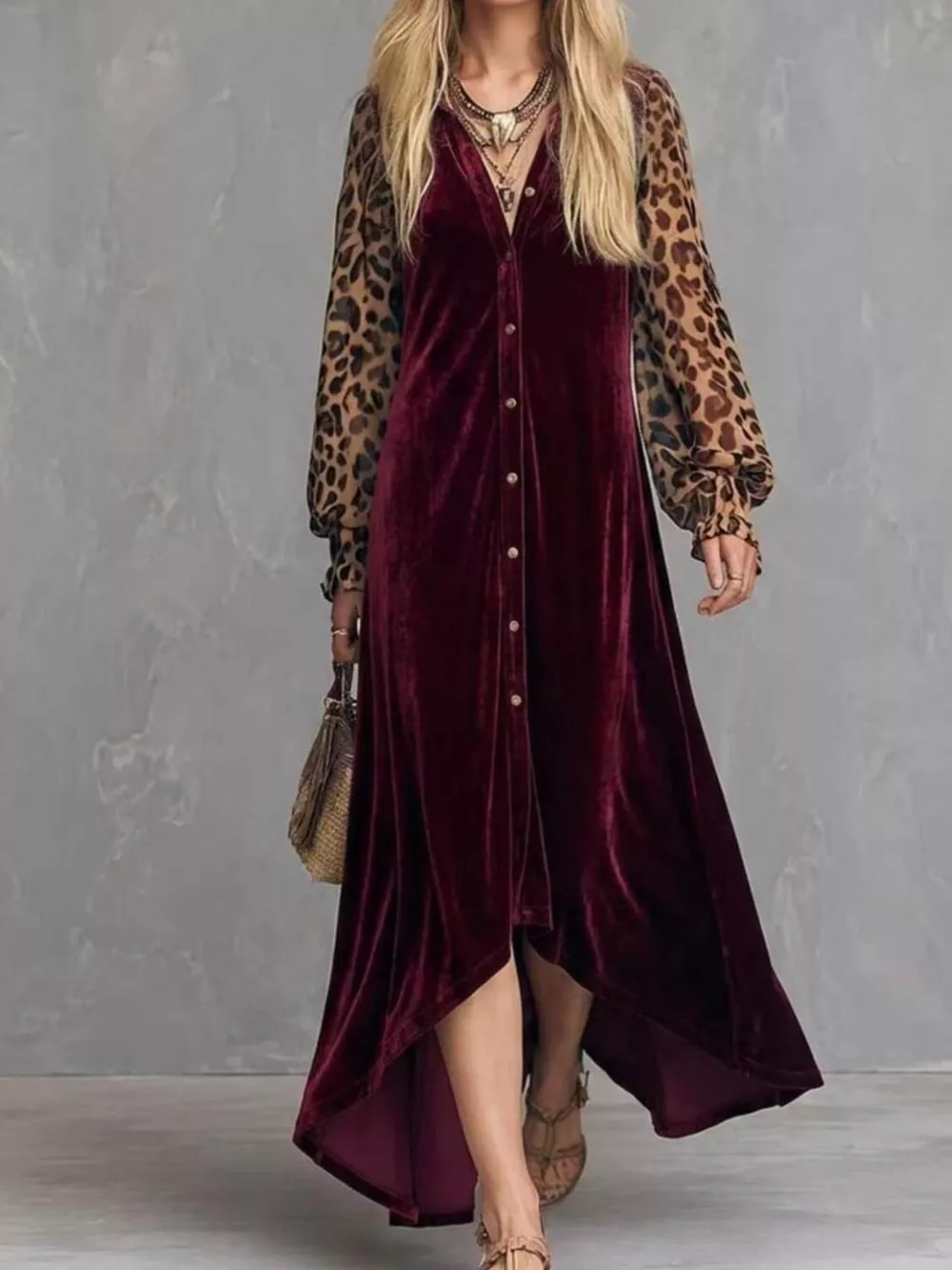 Leopard Velvet Button-Down Maxi Dress, image 3