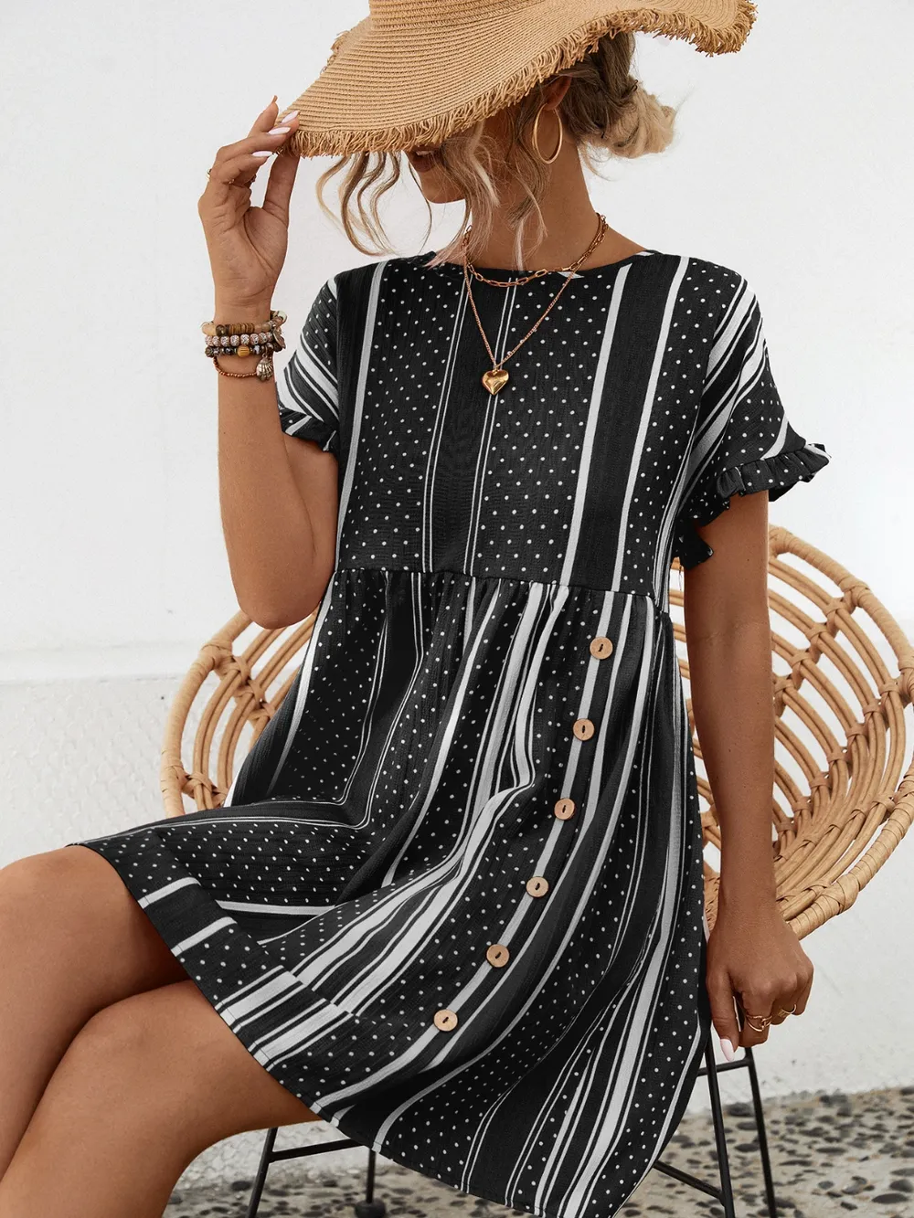 Striped Polka Dot Frill Short Sleeve Mini Dress, image 6