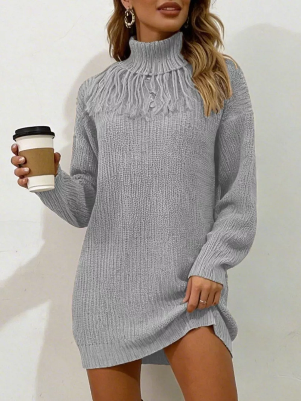 Full Size Turtleneck Fringe Detail Sweater Dress Plus Size, image 7