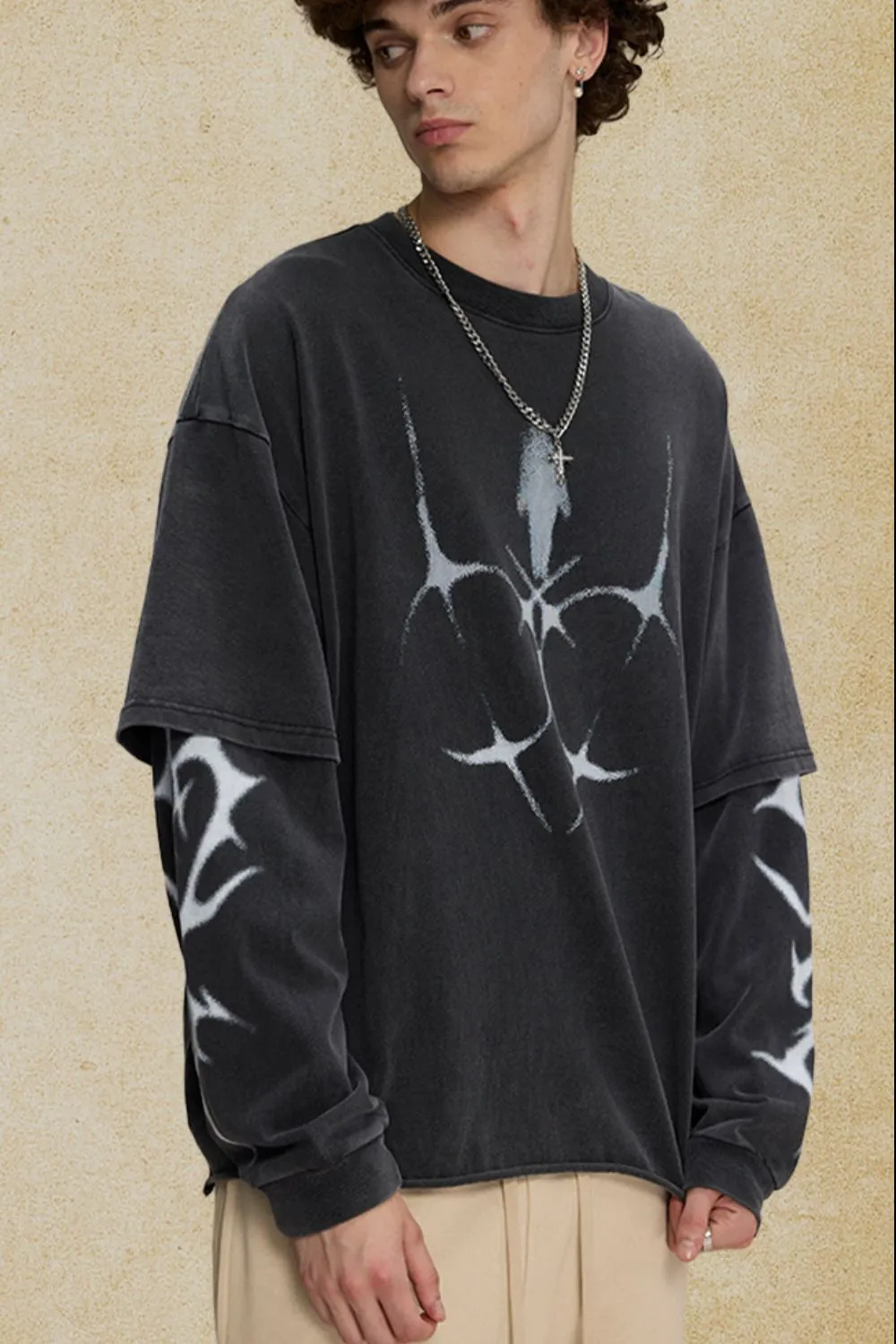 Men's Round Neck Long Sleeve Oversized T-Shirt, image 3