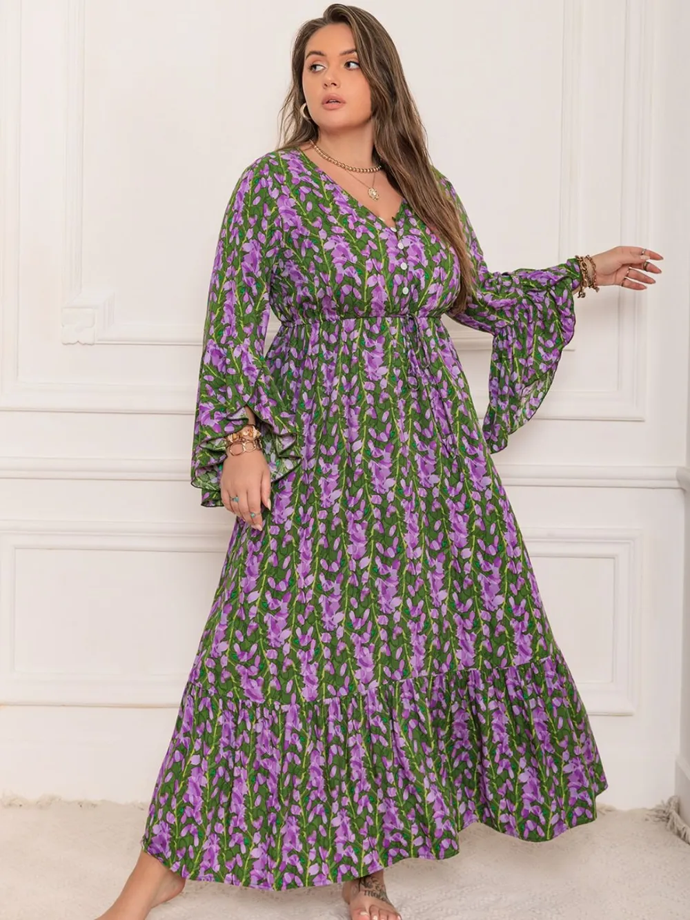 Plus Size Printed V-Neck Long Sleeve Maxi Dress, image 10