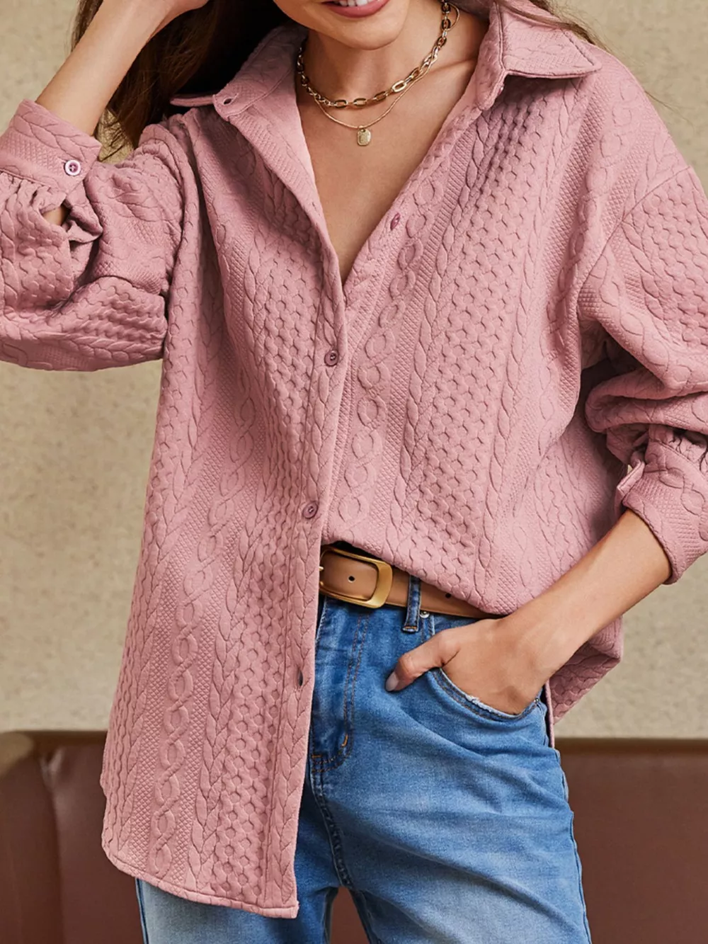 Cable Texture Puff Sleeve Loose Shacket, image 14