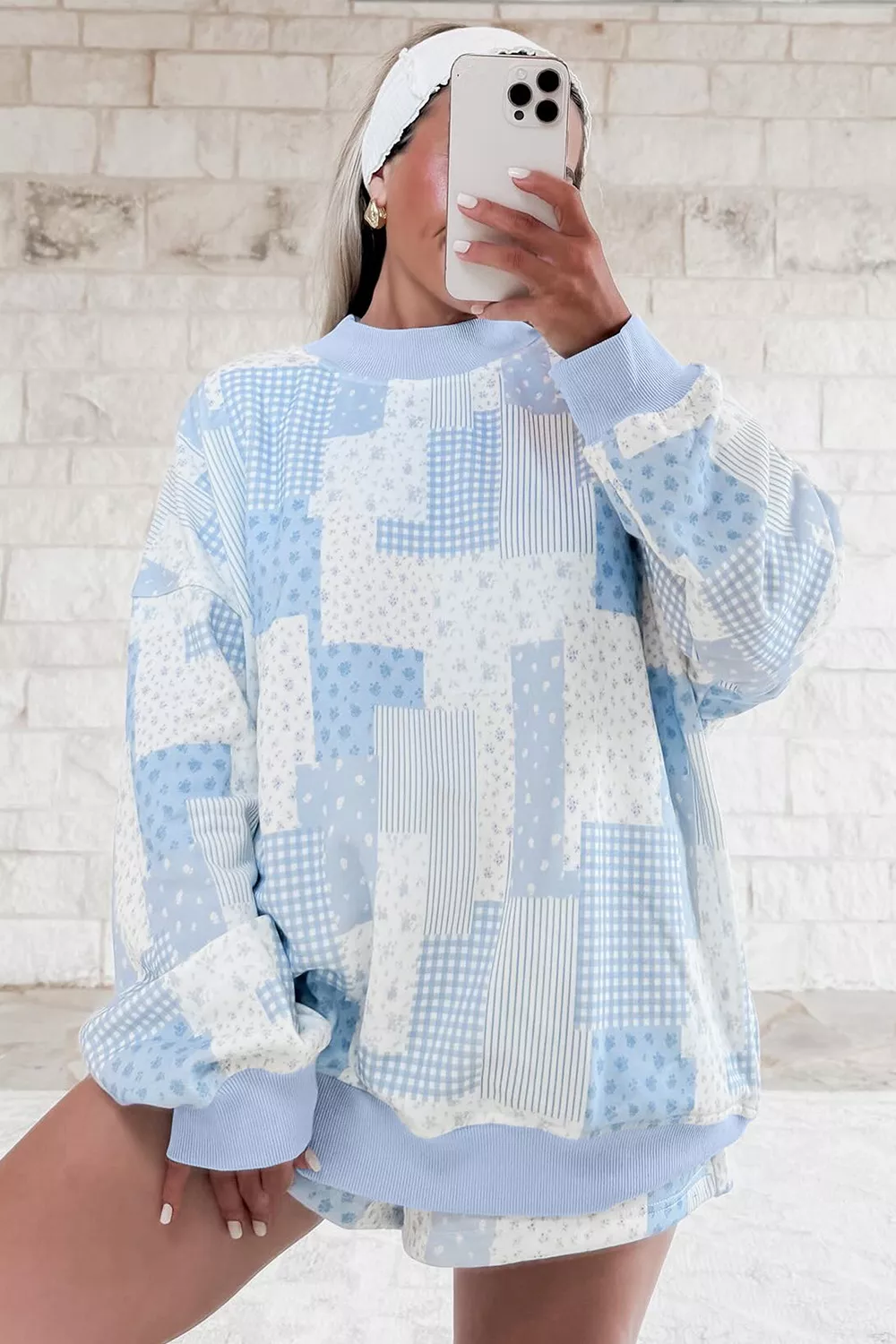 Patchwork Floral Print Stand Neck Long Sleeve Two-piece Outfit Plus Size Set, image 5