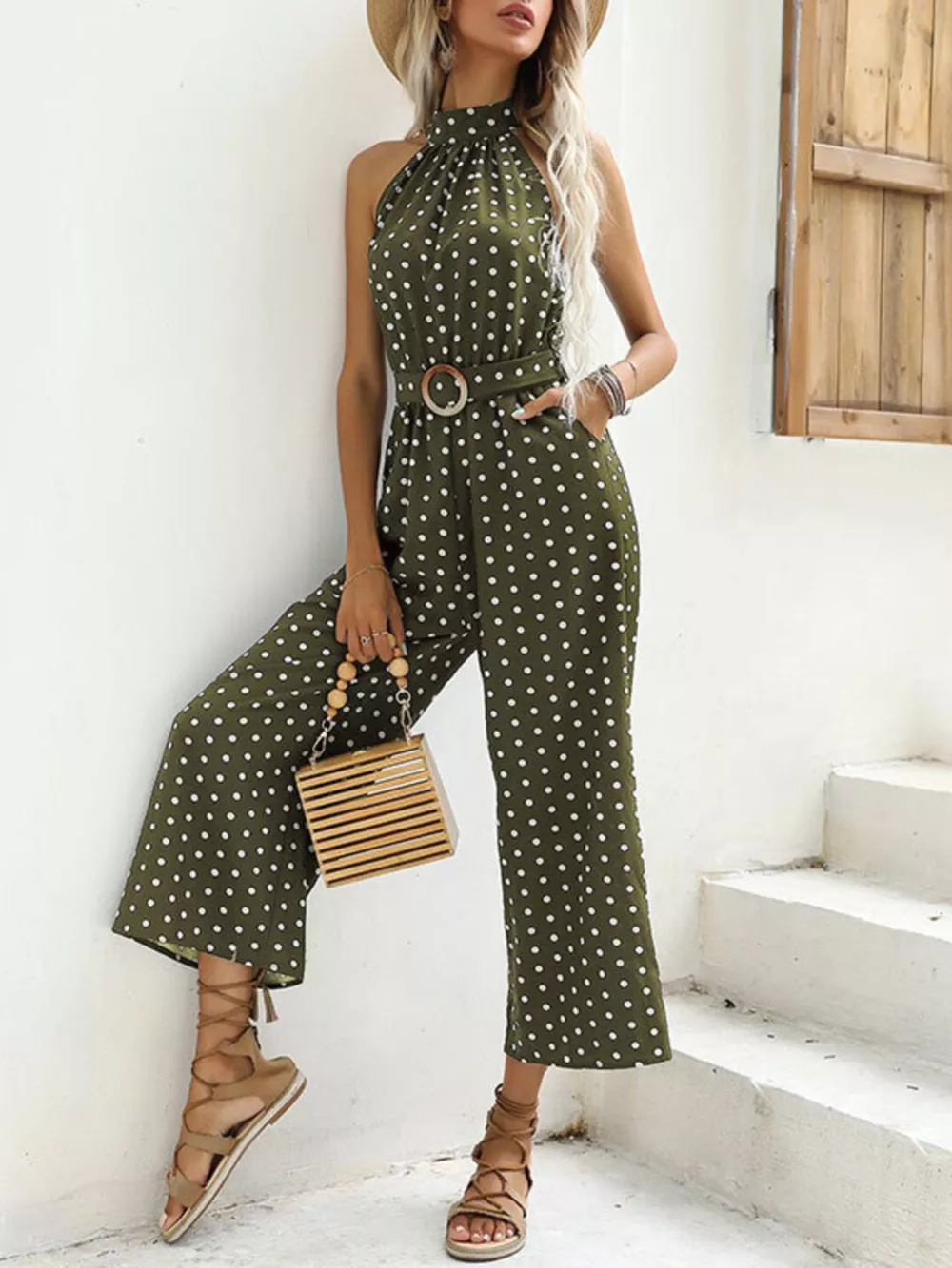 Polka Dot Halter Neck Wide Leg Jumpsuit, image 9