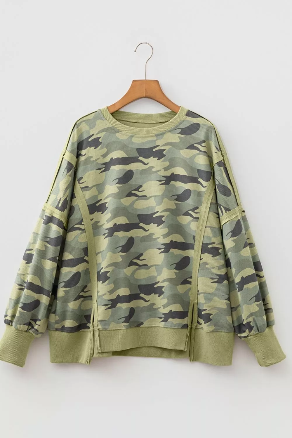 Camouflage Waffle Knit Raw Edge Contrast Trim Oversized Long Sleeve Top, image 10
