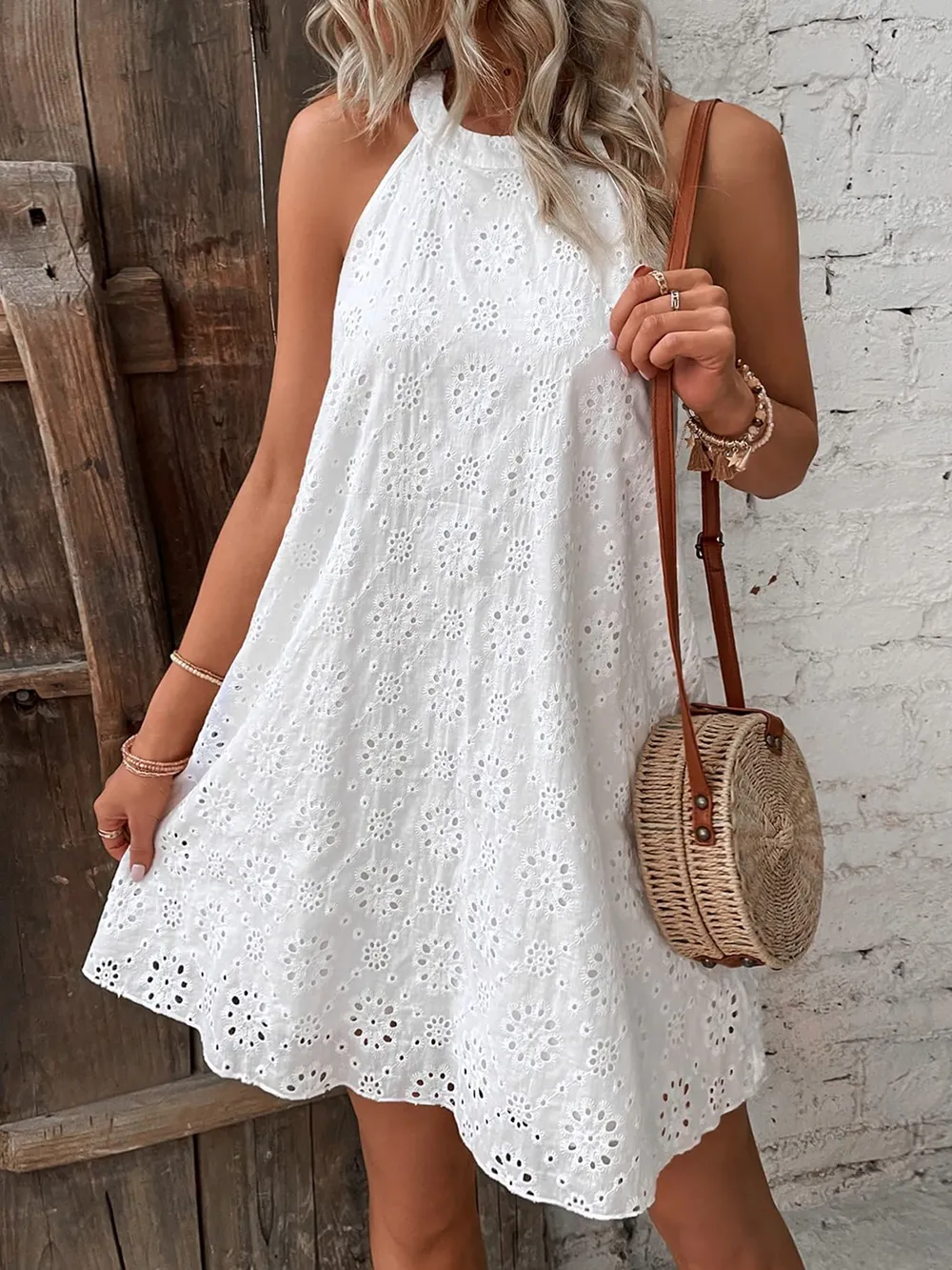 Eyelet Grecian Neck Mini Dress, image 10