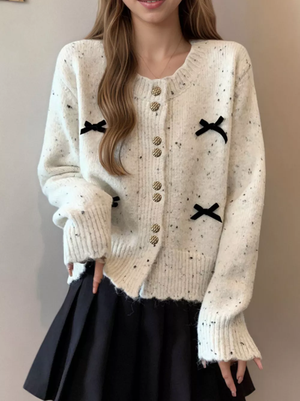 Bow Button Up Ribbed Hem Cardigan