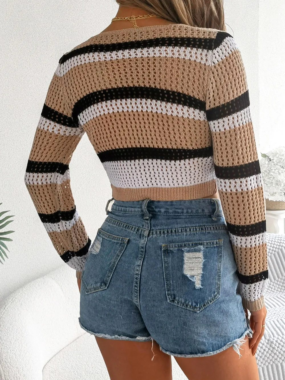 Tied Openwork Long Sleeve Knit Top, image 4