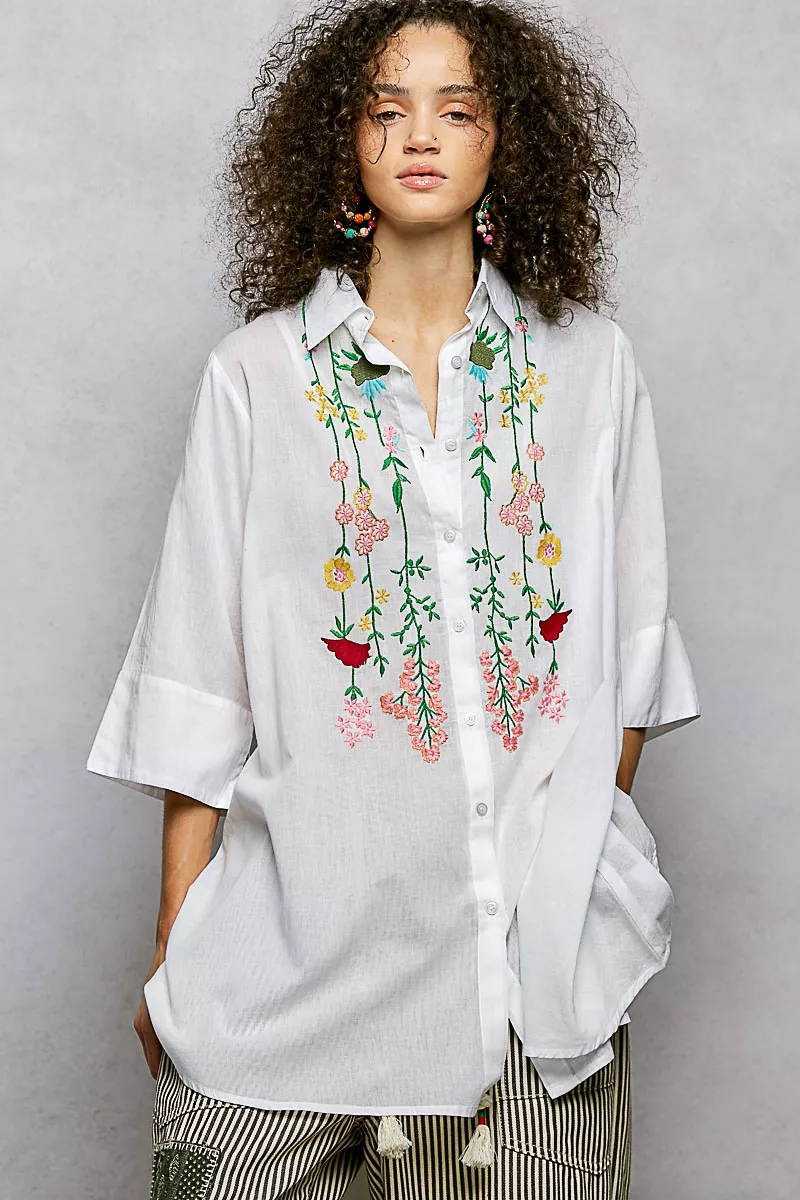 Floral Embroidered Half Sleeve Cotton Shirt