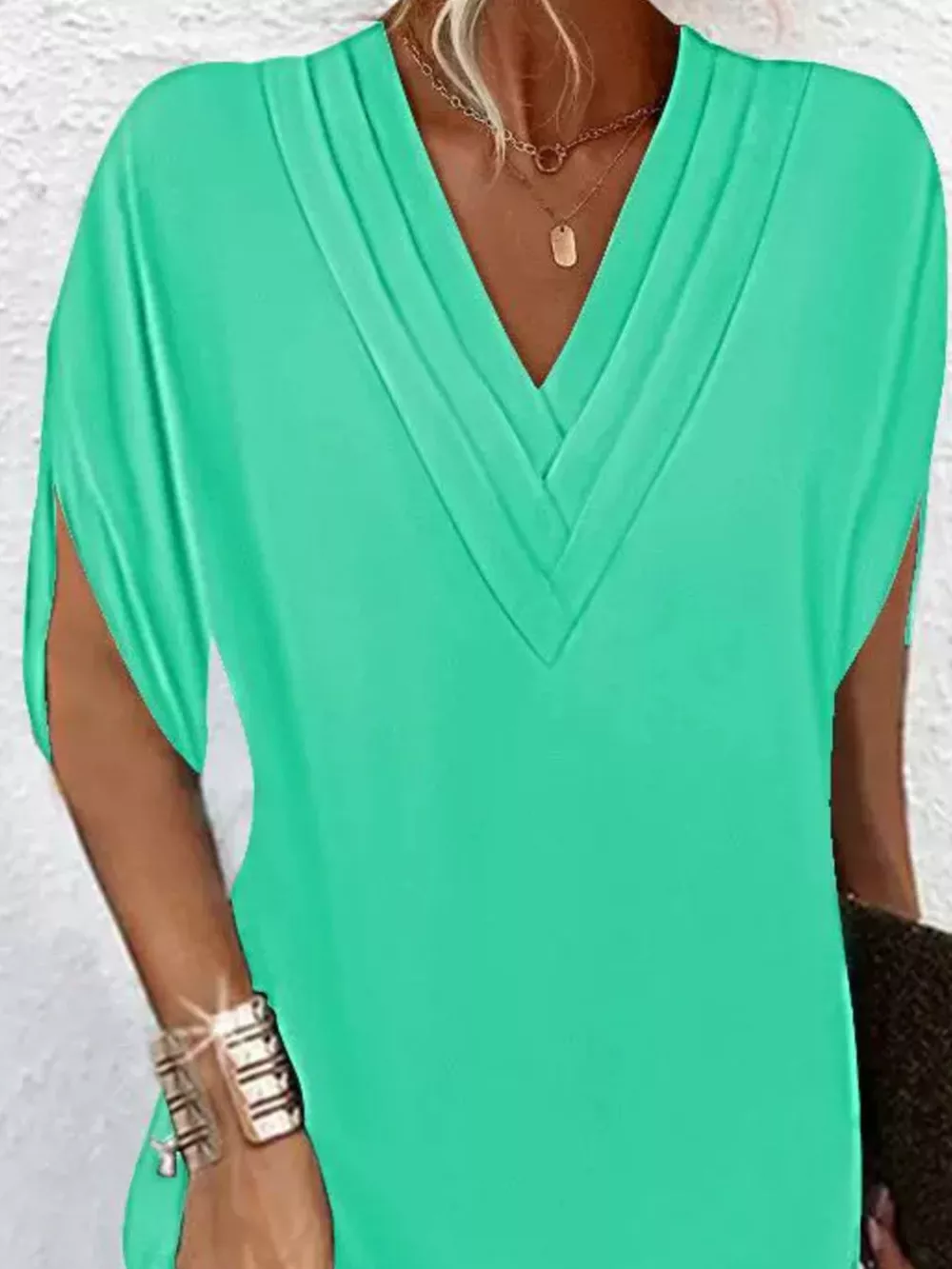 Full Size V-Neck Slit Sleeve Mini Dress Plus Size, image 8