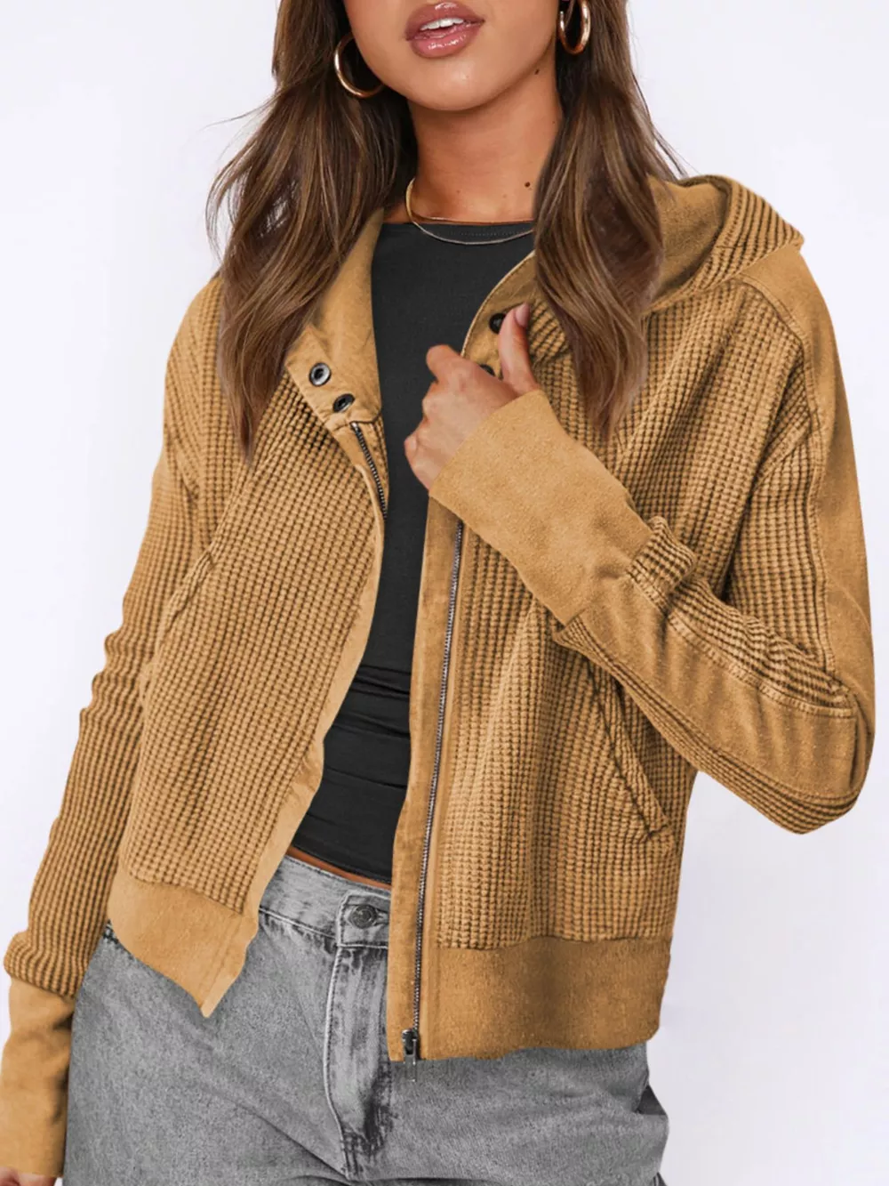 Waffle Knit Zip-Up Jacket, image 6