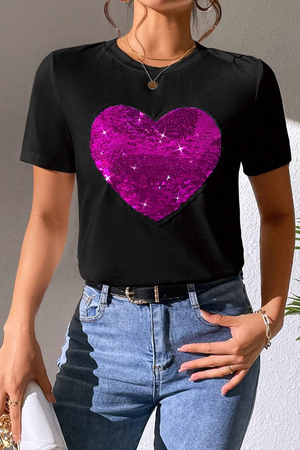 Heart Sequin Round Neck Short Sleeve T-Shirt, image 5