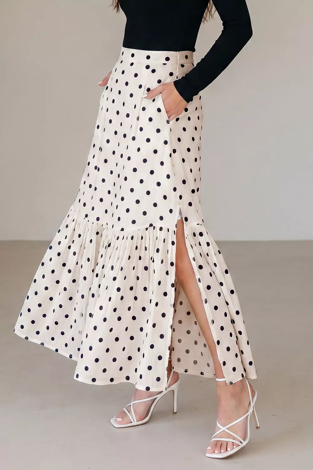Polka Dot Ruffled Slit Maxi Skirt, image 2