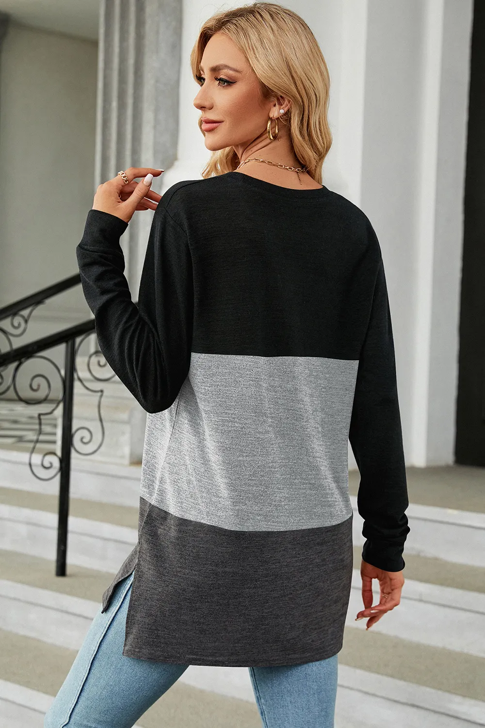 Color Block Round Neck Long Sleeve T-Shirt, image 7