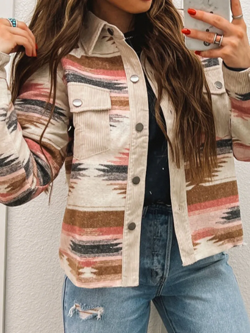 Corduroy Hem Striped Button-Up Jacket, image 3
