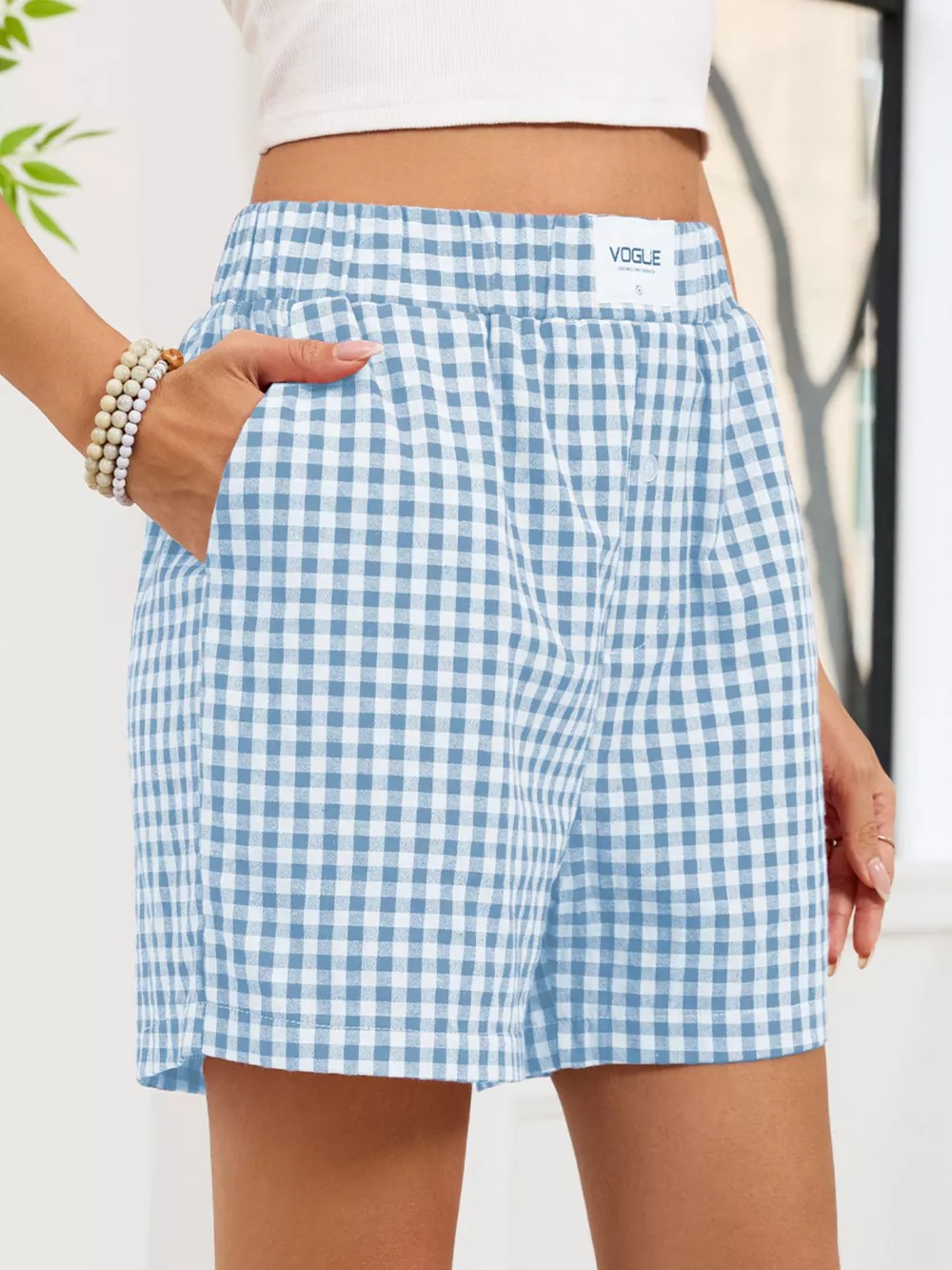 Gingham Elastic Waist Casual Shorts, image 22