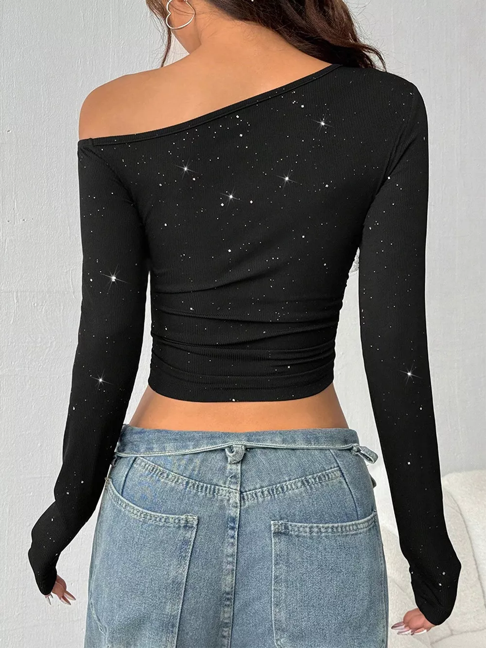 Glitter One-Shoulder Long Sleeve Crop T-Shirt, image 5
