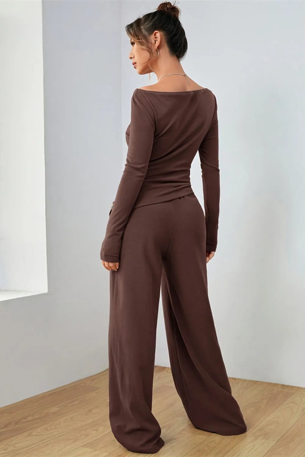 Boat Neck Long Sleeve Top and Pants Set, image 8