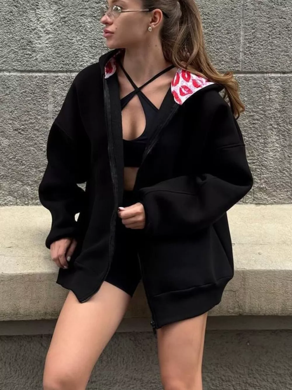 Zip Up Oversized Hoodie with Red Lips Print Detail, image 11