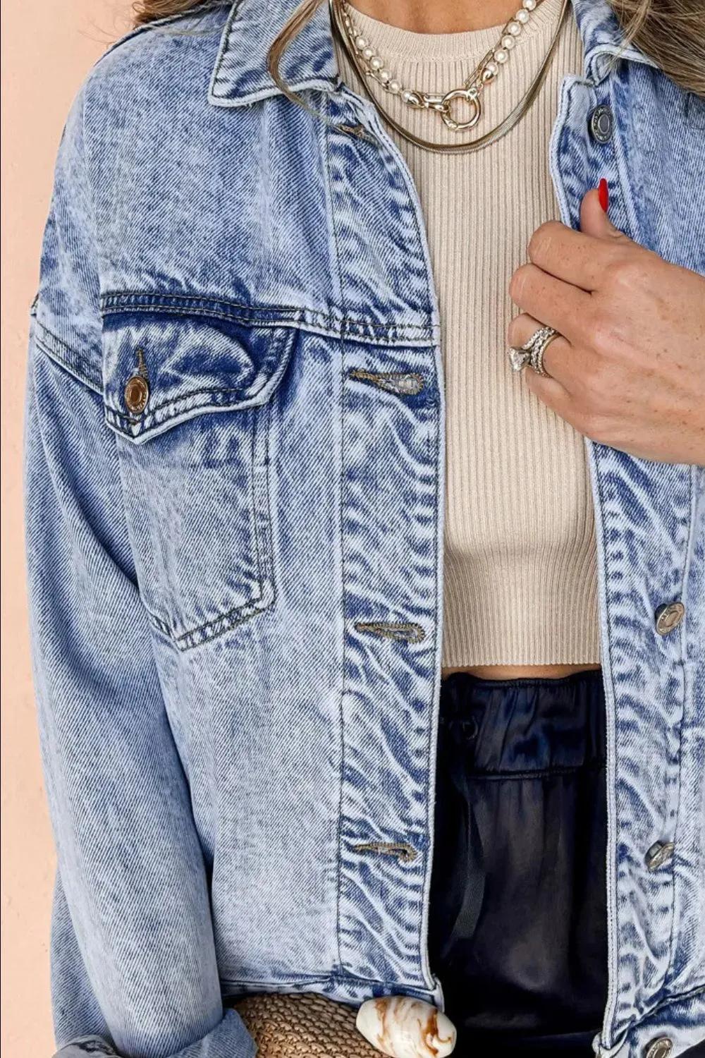 Pocketed Button Up Dropped Shoulder Denim Jacket, image 3