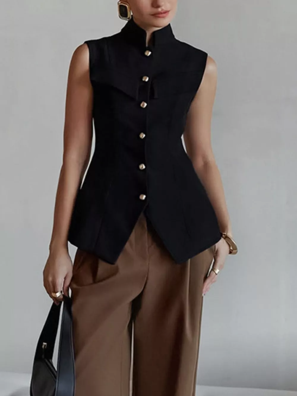 Stand Collar Button-Down Vest Coat, image 3
