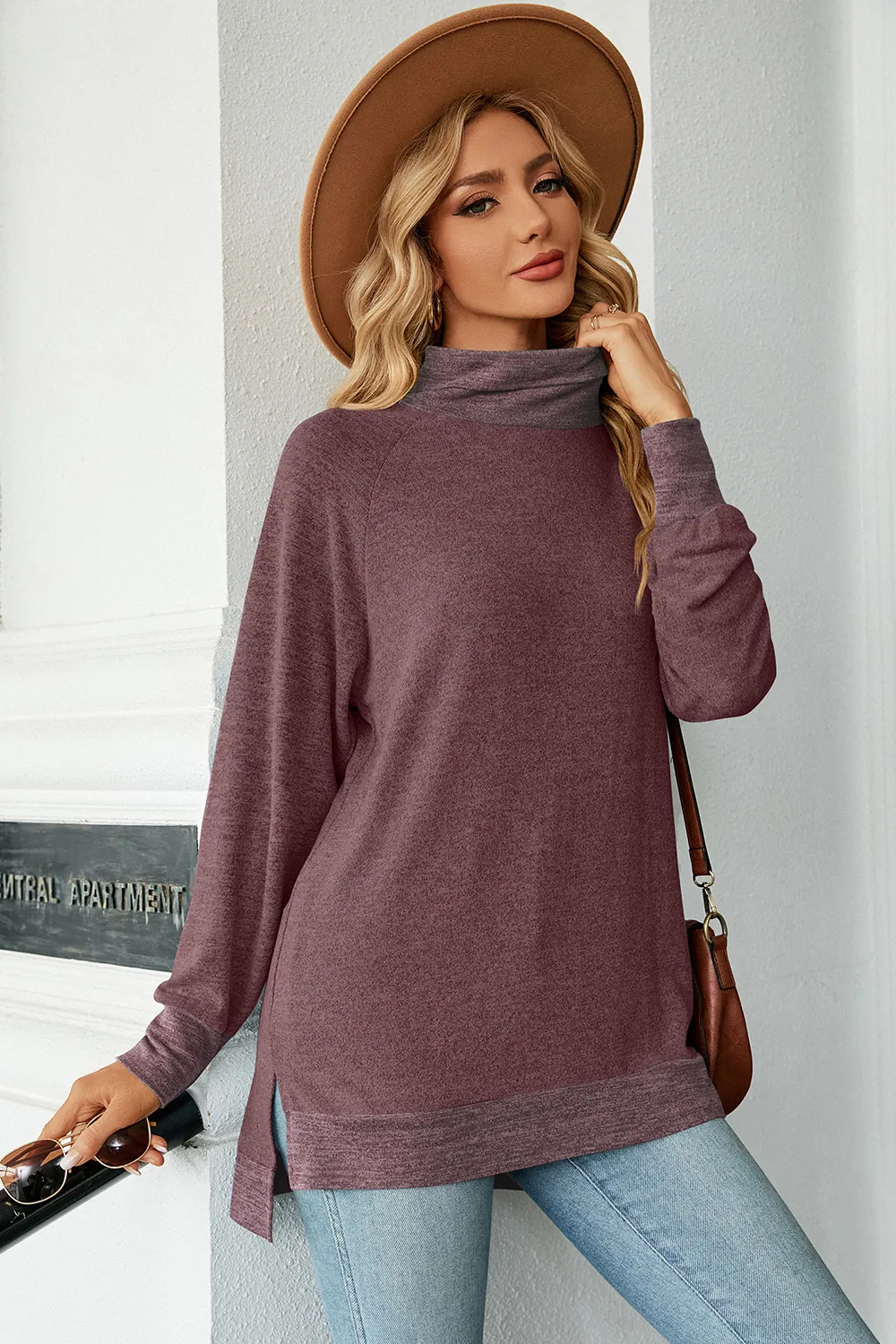 Slit Mock Neck Long Sleeve T-Shirt, image 25
