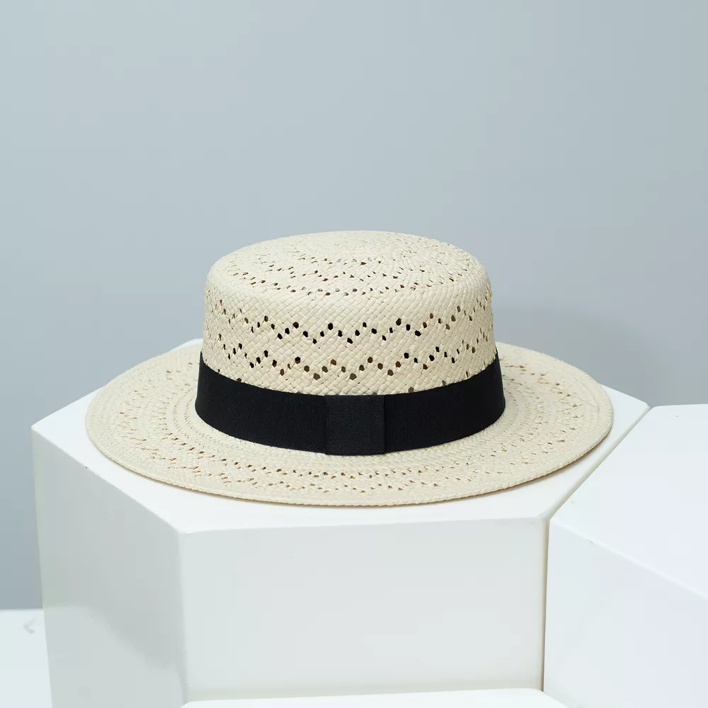 Woven Straw Boater Hat with Ribbon
