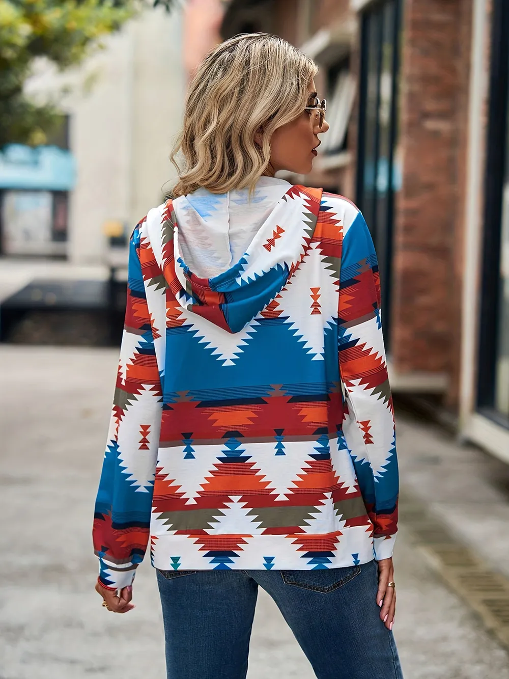 Geometric Zip Up Long Sleeve Hooded Jacket, image 16