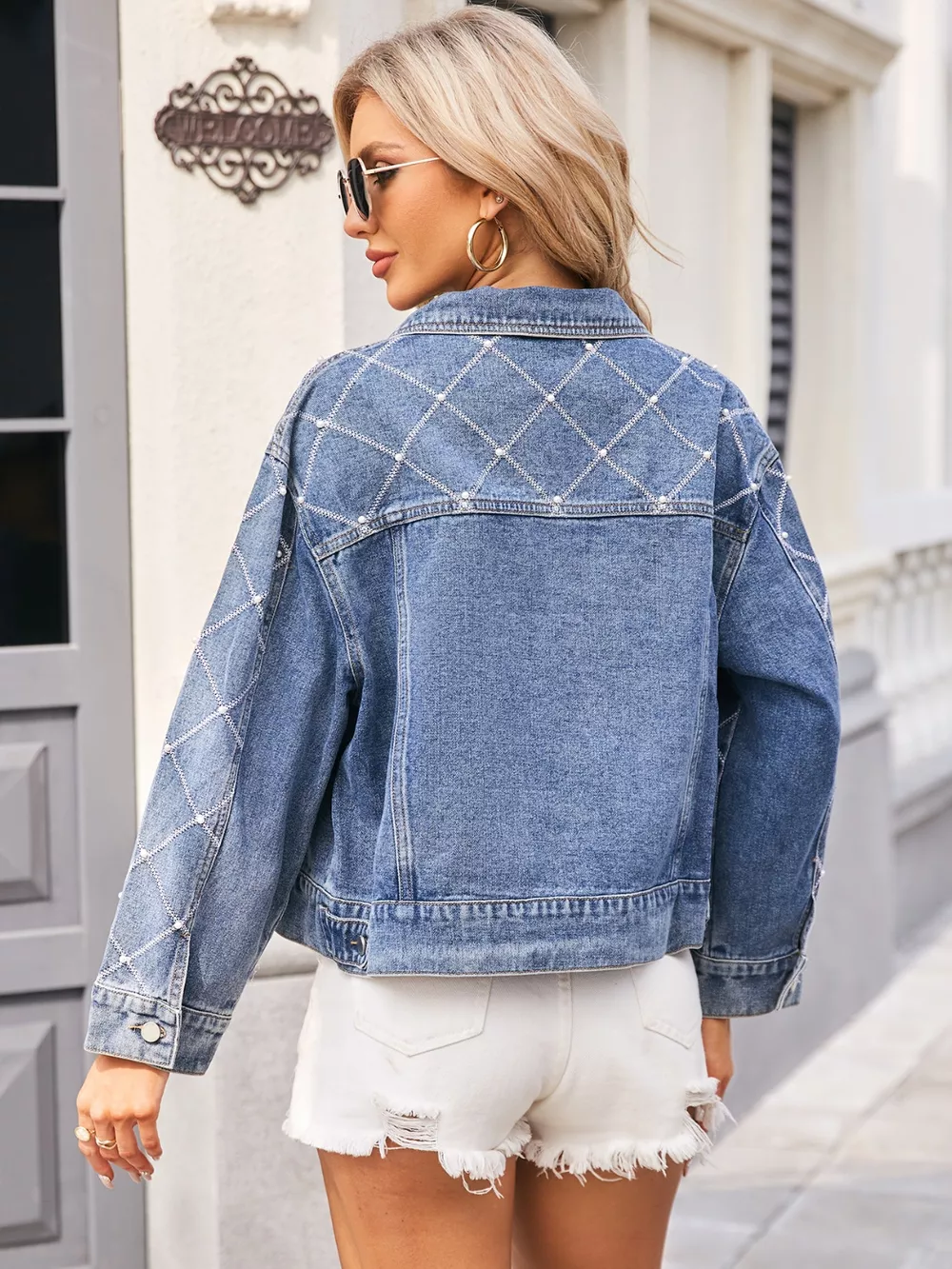 Pearl Trim Long Sleeve Denim Jacket, image 6