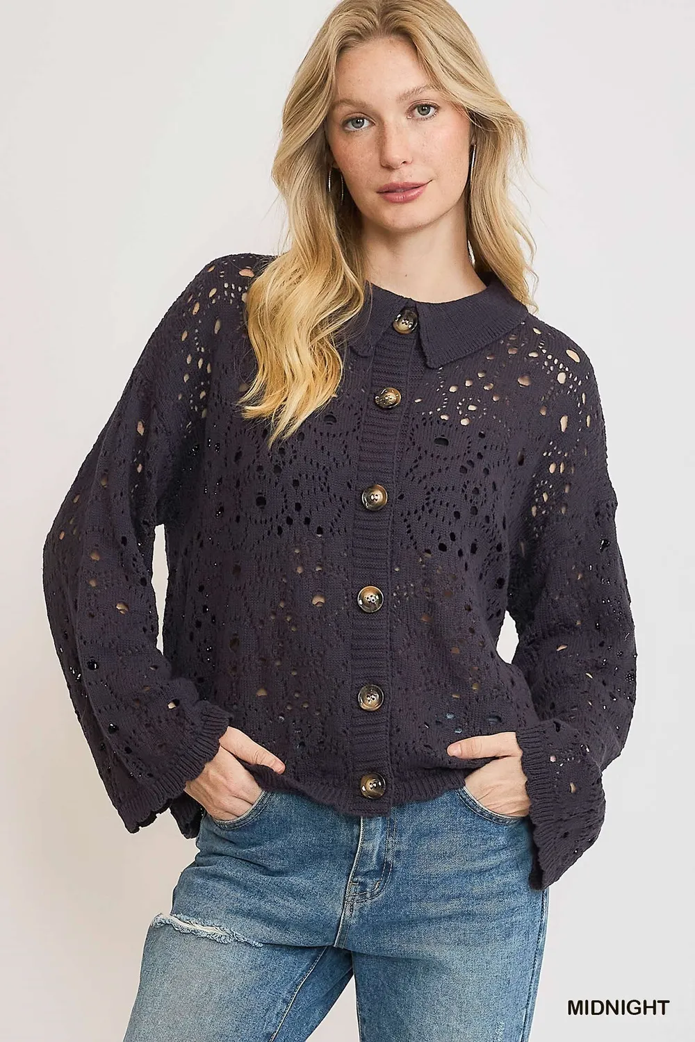 Hollow Out Button Down Cardigan