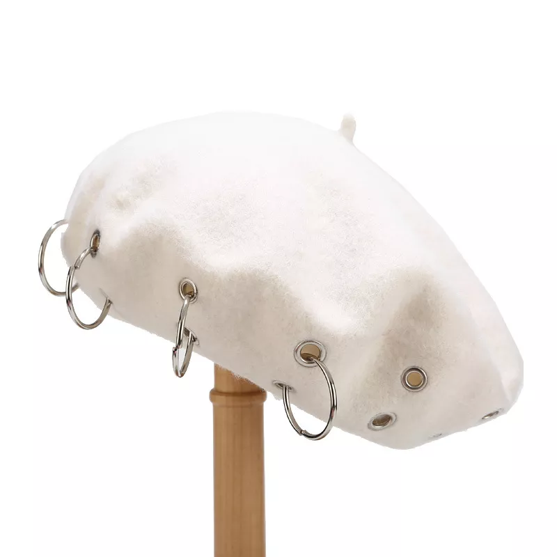 Metal Ring Embellished Beret Hat, image 3