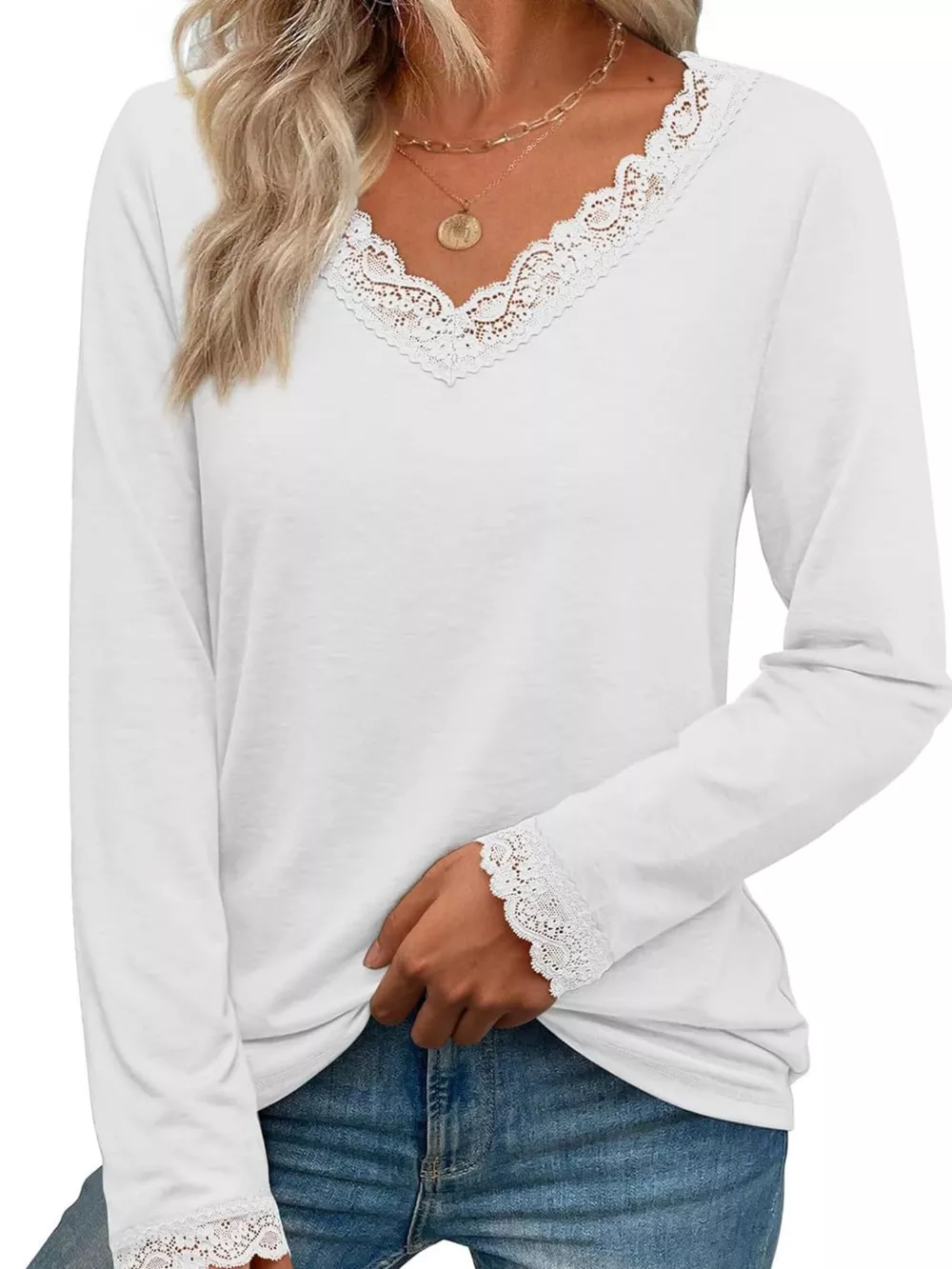 Lace Trim V-Neck Long Sleeve T-Shirt, image 13