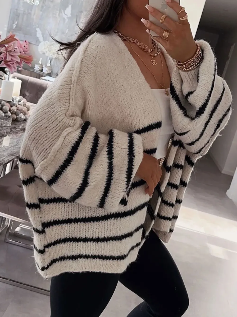 Striped Open Front Dropped Shoulder Cardigan, image 5